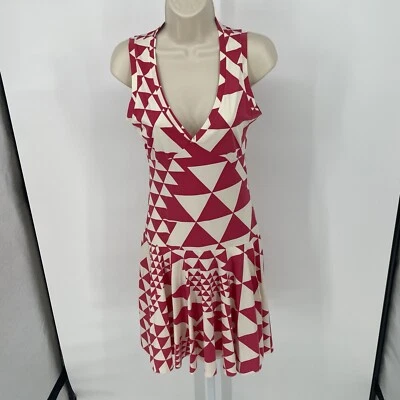 Les Copains BEACHWEAR Dress Ivory/Red Geometric Pleated V Neck Fun Pattern Sm - Image 1 of 4