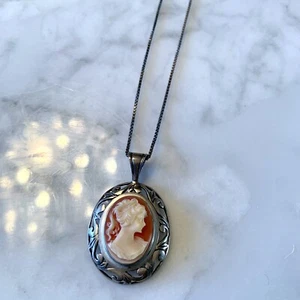 Jezlaine Sterling Silver Pierced Pink Cameo Pendant Necklace 20” Victorian - Picture 1 of 8