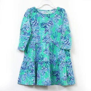 Lilly Pulitzer Girls Cotton Dress 3/4 Sleeve Floral Blue Green S 4-5 YRS 278584 - Picture 1 of 6