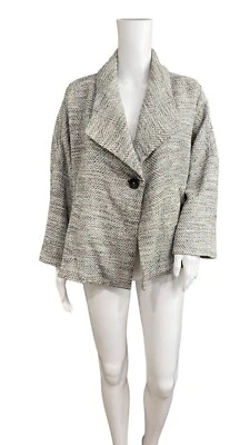 Jaqueta Eileen Fisher Blazer M Macia Branca Preta Espinha de Arenque Algodão Balanço Relaxado - Imagem 1 de 4