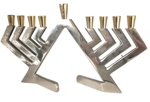 Jewish Judaica Silver Chrome & Brass Hanukiah Modern Geometric Menorah - Picture 1 of 3