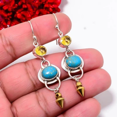 Copper Blue Turquoise & Citrine 925 Silver Two Tone Arrow Head Earring 2.34" E15 - Image 1 of 4