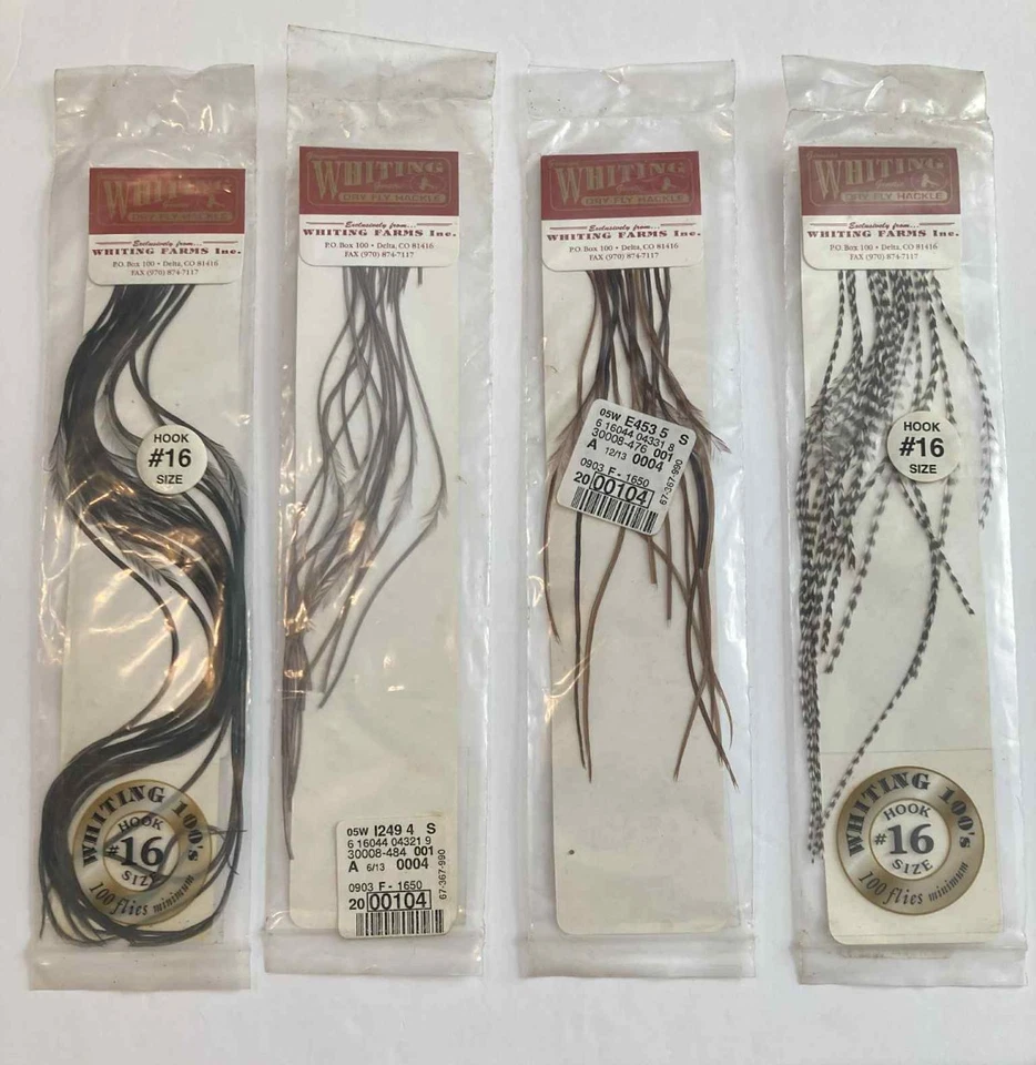 Lote Mixto 4 Whiting Años 100 Talla 16 Hackle Marrón Negro Grizzly Mosca Atar Pesca Foto 1 de 4