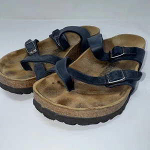 Birkenstock Mayari Zehenschlaufen Pantolette flache Sandalen Gr. 38 EU Größe 7 blau öl Leder - Bild 1 von 6