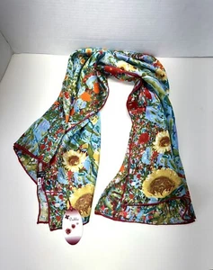 Dahlia 100% Silk Scarf Farm Garden With Sunflowers Blue Square Shape - Picture 1 of 11