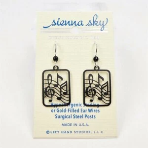 Sienna Sky Earrings Sterling Silver Hook Black Treble Clef & Music Note Handmade - Picture 1 of 4