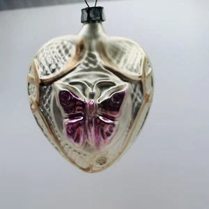 Antico Vintage Farfalla Rosa Cuore Vetro Goffrato Decorazione Natalizia Polonia - Foto 1 di 6