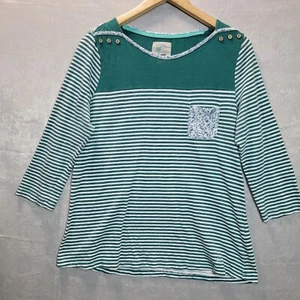 Mantaray T-shirt Women Size 14 Green Stripes Cotton 3/4 Sleeve Button Pocket Top - Picture 1 of 9