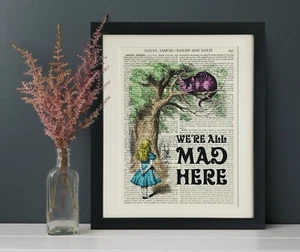 Vintage Book Page Art Print, ALICE IN WONDERLAND, Dictionary We're All Mad Here - Picture 1 of 1