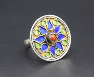 Moroccan Tuareg Sterling Silver Ring, Colorful Enamel Workmanship Ring, 10.5 US - Bild 1 von 9