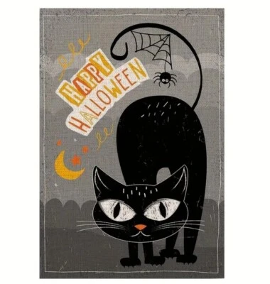 Happy Halloween Black Cat Whimsical Burlap Garden Flag 12"x18" - Image 1 of 4