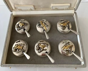 Cased Set of 6 Continental .800 Fine Silver Lidded Salt Cellar / Condiment Dish - Picture 1 of 20