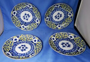 vintage blue & white & yellow porcelain plates floral scalloped edge
