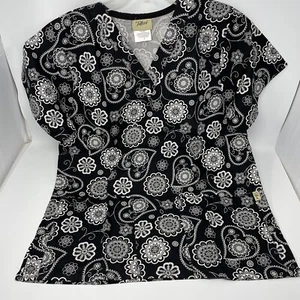 NEW Tafford Scrub Top Short Sleeves Black White Floral  Sz Small Pockets - Picture 1 of 4