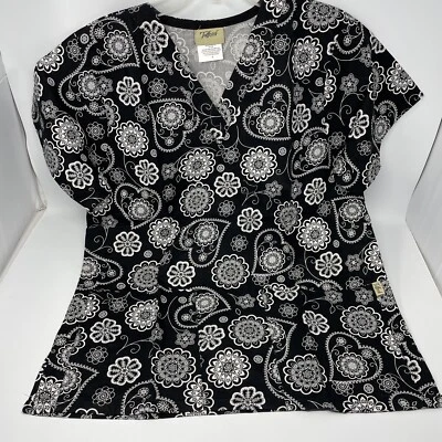 NEW Tafford Scrub Top Short Sleeves Black White Floral  Sz Small Pockets - Image 1 of 4