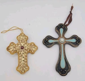 Kreuz Ornamente türkis Bronze Harz Gold Strass Perlen Stoff religiös Dekor - Bild 1 von 6