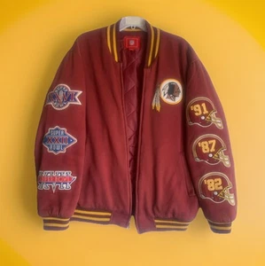 Vintage Washington Redskins 3 Time Super Bowl Champion Red Bomber Jacket Size XL - Picture 1 of 9