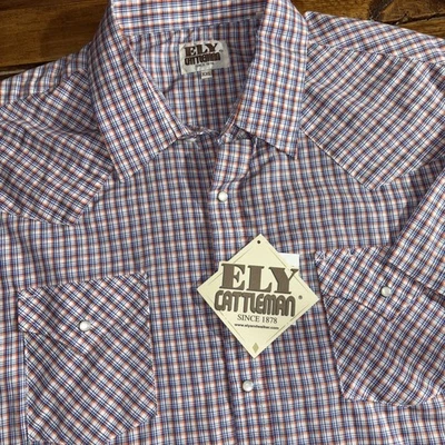 Ely Cattleman Pearl Snap Shirt Men's 2XL Blue Orange Plaid SS Western Rodeo NEW - Image 1 of 4