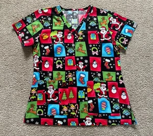 Med Couture Christmas Glitter Scrub Top Santa Reindeer Elves Small - Picture 1 of 9