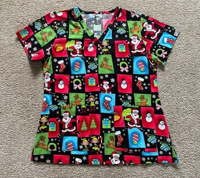Med Couture Christmas Glitter Scrub Top Santa Reindeer Elves Small - Image 1 of 4
