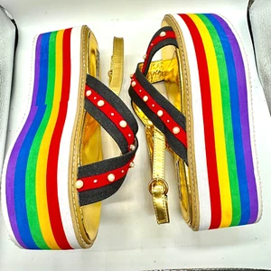 Cape Robbin Rainbow Platform Sandals Strappy Stripe Wedge Heels Womens  SZ 10 - Picture 1 of 11
