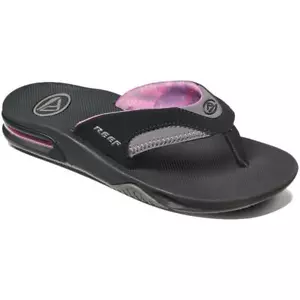 REEF - Womens Flip Flops - Fanning Sandal with Bottle Opener - Black/Grey/Pink - Picture 1 of 4