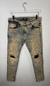 [new] FBRK Schizo Distressed Denim Splatter Jeans [32x32] Beige / Blue - Picture 1 of 5