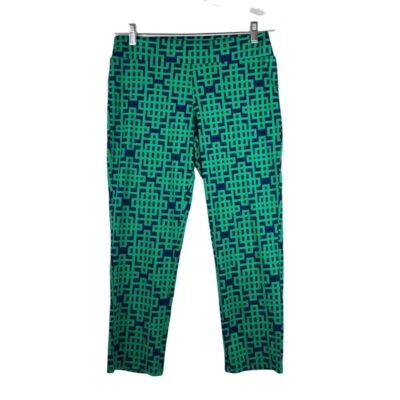 MUD PIE Preppy Geometric Navy & Green Straight Leg Pull On Ankle Pant Size Small - Image 1 of 4