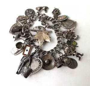 Vintage Sterling Silver Charm Bracelet 1940s- 1960s Loaded 27 Sterling Charms - Picture 1 of 13