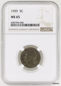 1959 P Jefferson Nickel 5C NGC MS65 - Picture 1 of 2
