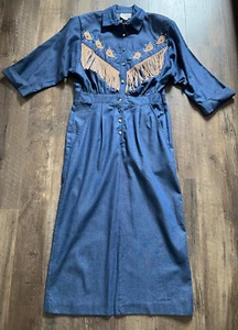Vintage Western Cowgirl Bling Rodeo Denim Long Sleeve Dress Fringe Sz 12 USA! - Picture 1 of 13