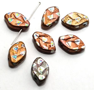 4 CZECH PRESSED GLASS METALLIC WAVY LEAF BEADS / PENDANTS, MIXED COLOURS, 12MM - Picture 1 of 4