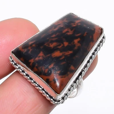 Anillo de plata de ley 925 con piedras preciosas de obsidiana de caoba natural talla 8 s112 Foto 1 de 4