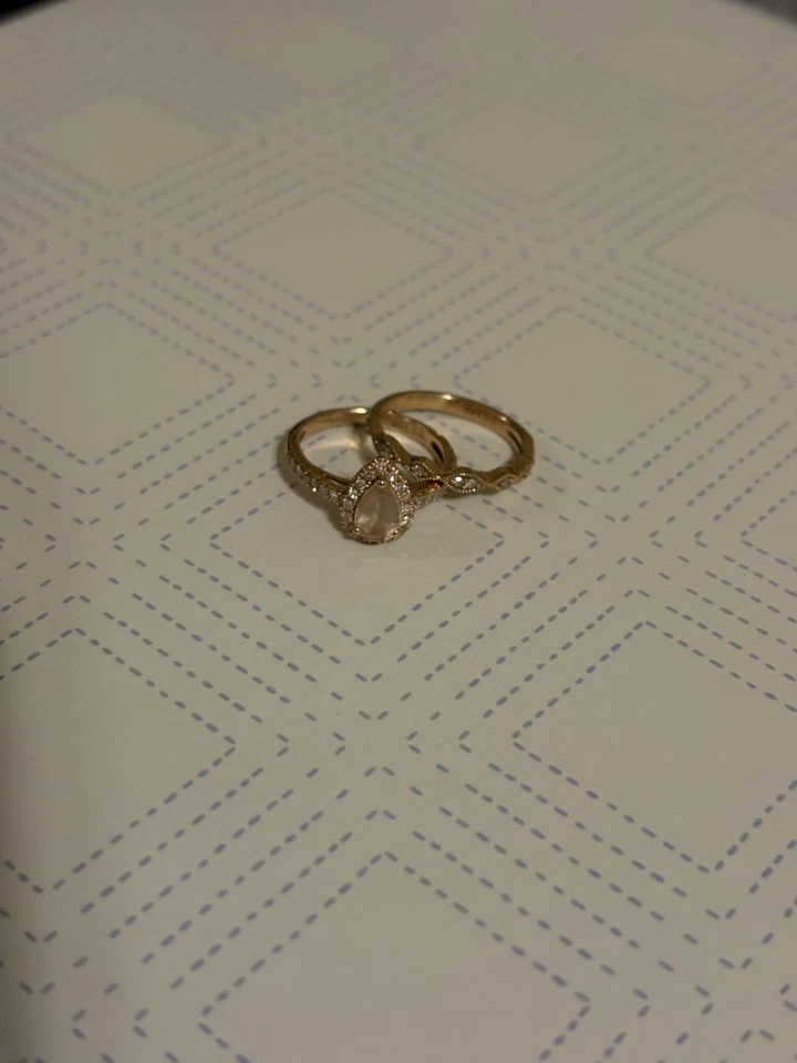 Juego de anillos de boda de morganita de oro rosa de 14k talla 5,25 Foto 1 de 4