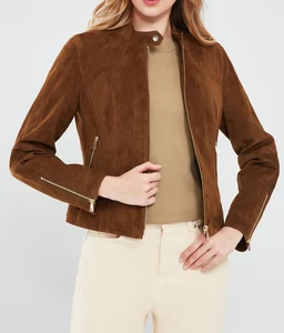 Brown  Leather Trucker Jacket Womens Pure Suede Size XS S M L XL XXL Custom Made - Picture 1 of 6