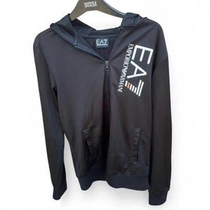 EA7 emporio armarni black zip up white motif long sleeve hoodie sweatshirt - Picture 1 of 7