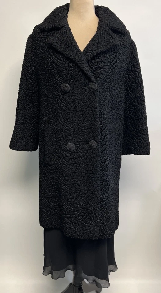 Abrigo rizado de piel sintética de cordero persa doble pecho años 50 60 XL Old Hollywood Midi Foto 1 de 4