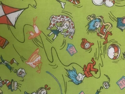  Cat in the Hat Green RARE Quilting Crafts Cotton Fabric  OOP 3/4 YARD - Image 1 of 4