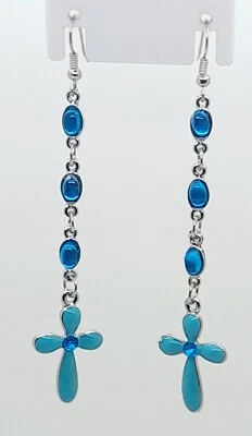 Pendientes de moda cruzados ligeros colgantes color azul y tono plata de 3 pulgadas de largo Foto 1 de 4