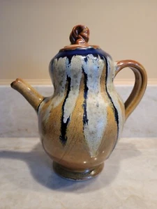 Studio Art Pottery Ceramic Coffee Tea Pot Pitcher Brown Blue Drip Glaze - Picture 1 of 7
