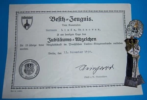 GERMAN - Prussian Krieger Verband, 25 yr Jubilee Badge. With Award Certificate - Foto 1 di 6
