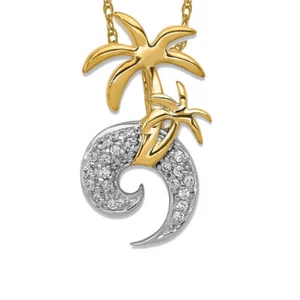14K Solid Two Tone Gold Diamond Double Palm Tree Wave Floating Chain Slide ... - Picture 1 of 5