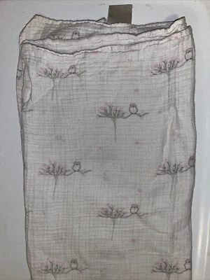 Aiden Anais Muslin Swaddle Blanket White Gray Owl Branch Pink Dots Girl - Image 1 of 4