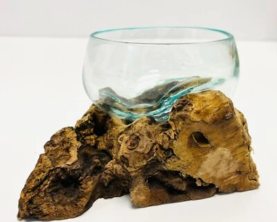 Molten Glass Bowl On Teak Root Stand Glass Rustic Wood Decorative Sculpture - Image 1 of 2