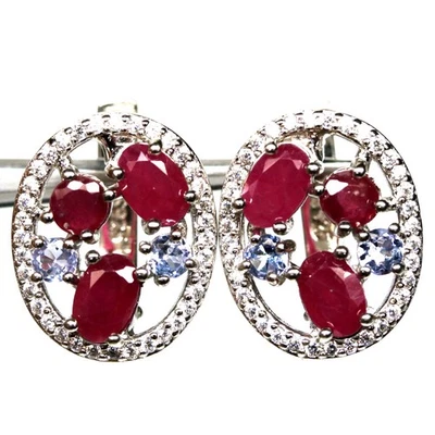 925 Sterling Silver Red Ruby, Tanzanite & Zircon Jewelry Earrings White Gold - Image 1 of 4