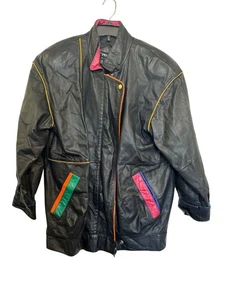 giacca pelle pelle vintage uomo M nera accenti multicolore stile retrò new york - Foto 1 di 11