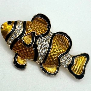 Spilla smaltata strass pesce pagliaccio spilla finitura oro e nero cristallo scintillante - Foto 1 di 7