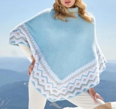 Poncho para mujer Boston Proper Plush Fair Isle adornado con perlas XS/S azul aireado Foto 1 de 4