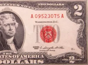 USA $2 1963 A09523075A # UNITED STATES Note RED Seal Jefferson Dollars Money - Picture 1 of 3