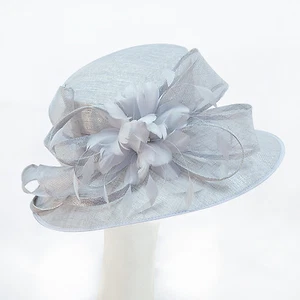 NEW Women's Tea Party Metallic SILVER GRAY Slant Top Wide Brim Bow Fancy Hat   - Picture 1 of 1